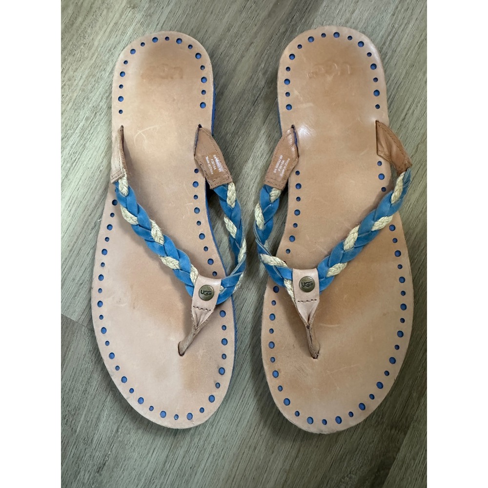 UGG Leather Braided Thong Sandals Tan Blue White  W9